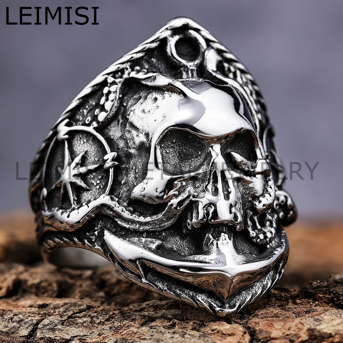 Mens Stainless Steel Gothic Punk Pirate Sailor Biker Skull Ring - Main Image