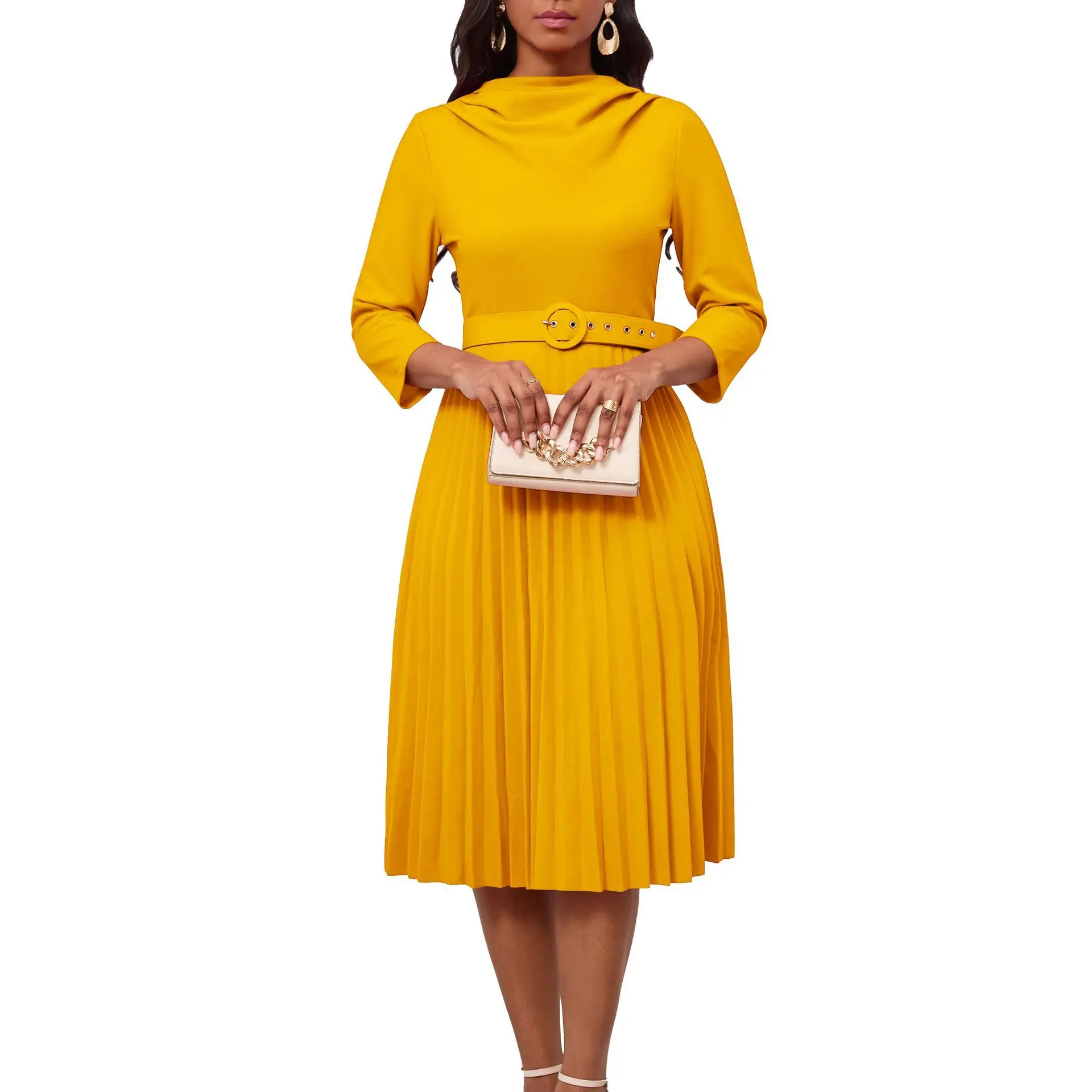 Latest Design Techno Crepe Elegant Plus Size Solid Color Long Sleeve Women Casual Pleated Dresses With Belt