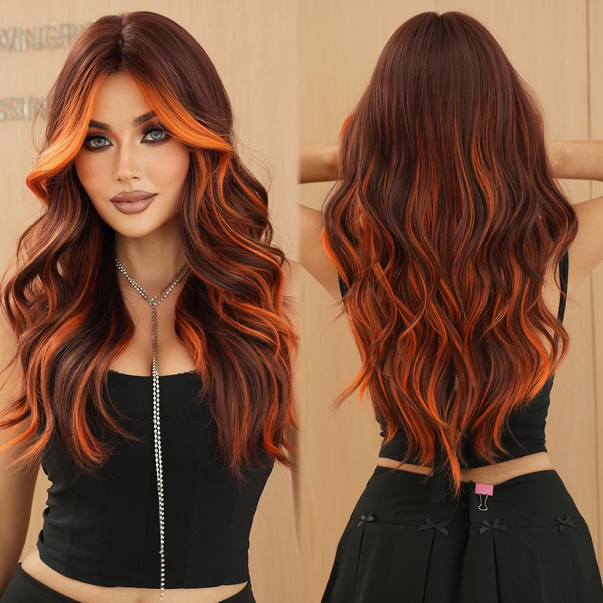Ginger Orange Wig with Highlights Synthetic Hair Wig Brown Skunk Stripe  Long Wavy Wigs Heat Resistant Fiber Wholesale for Women