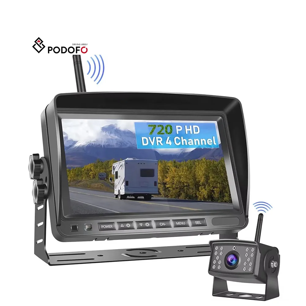Telecamera posteriore da 7 pollici con 2 telecamere posteriori, kit telecamera posteriore Podofo 18 IR LED visione notturna IP68 telecamera di backup impermeabile per camion RV Bus 9V-35V