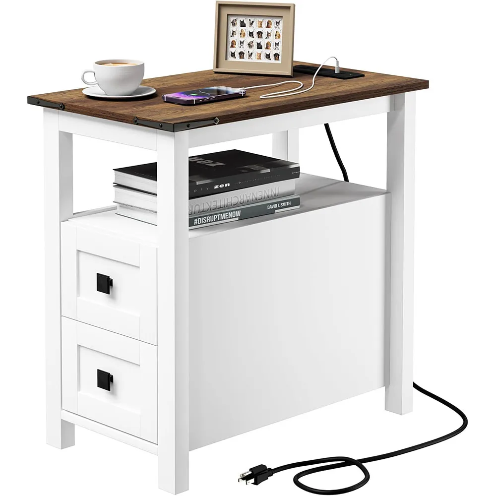 Modern White Wood End Table Charging Station with 2 Storage Drawers Skinny Side Nightstand for Bedroom Living Room Smart Design