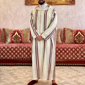 Arab Long Sleeve Hooded Islamic Clothing Men Muslim Thobe Thawb Trendy Striped Ramadan Costumes Arabia Abaya Male Kaftan Robe