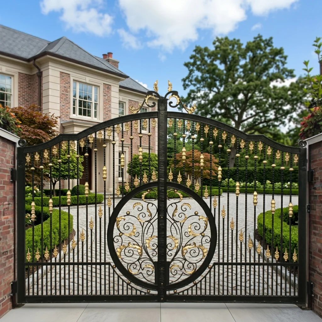 Elegant Spire Top Wrought Iron Automatic Fancy Swing Gate Graceful Pattern for Hotel Park Use Modern Design Durable Construction