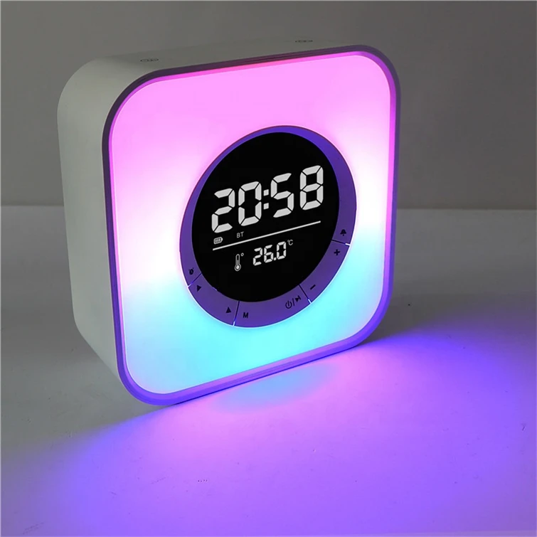 Cube Design Portable Type With Changeable RGB LED Light Speaker With Clock Alarm Function and Thermometer Cool Speaker