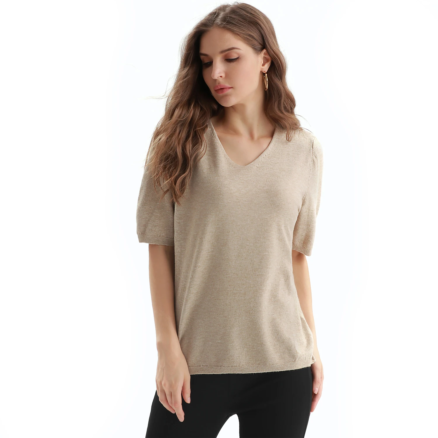 2021 Hot Selling Short Sleeve V Neck Jersey Sweater Knitted Shirt For Women