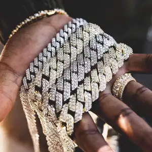 Wholesale Hip Hop Mens 925 Silver  Plated 14mm Moissanite Cuban Link Chain Necklace