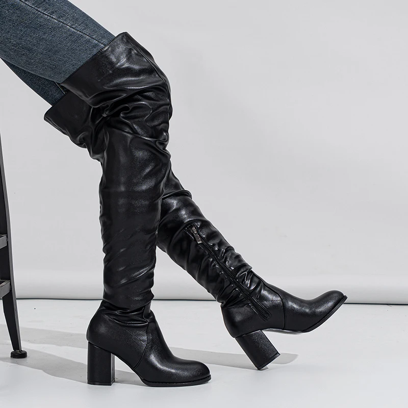 Chunky Heel Elastic Woman Black Long High Heels Fashion Ladies Sexy Female Shoes Over the Knee Boots Alibaba