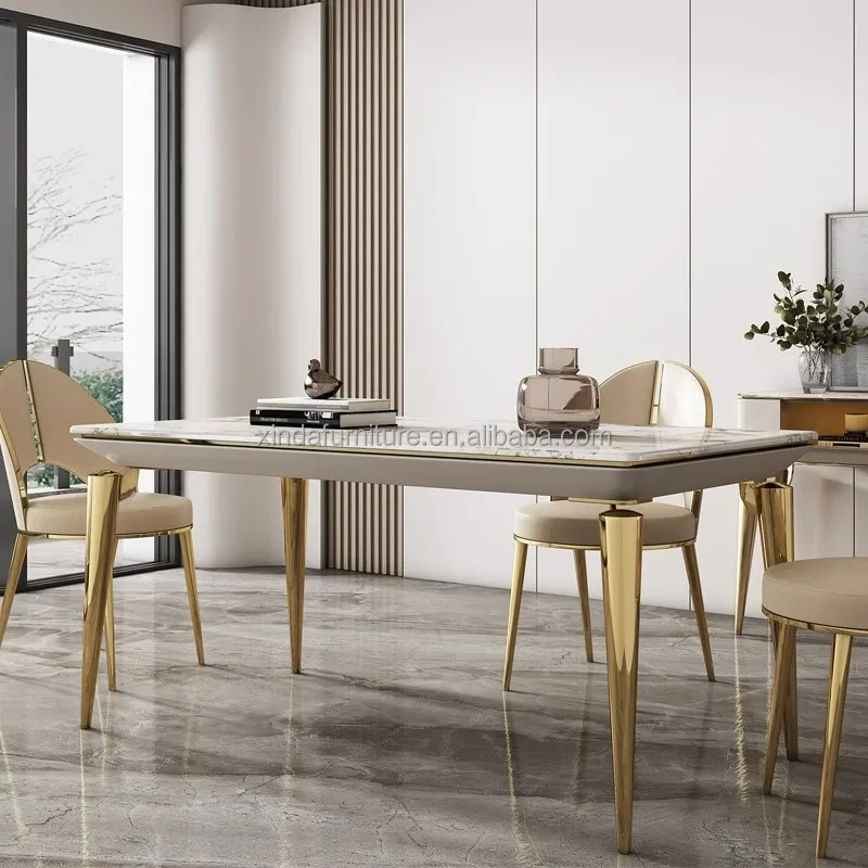 Modern Luxury Golden Stainless Steel Dining Table with Marble Top for ...