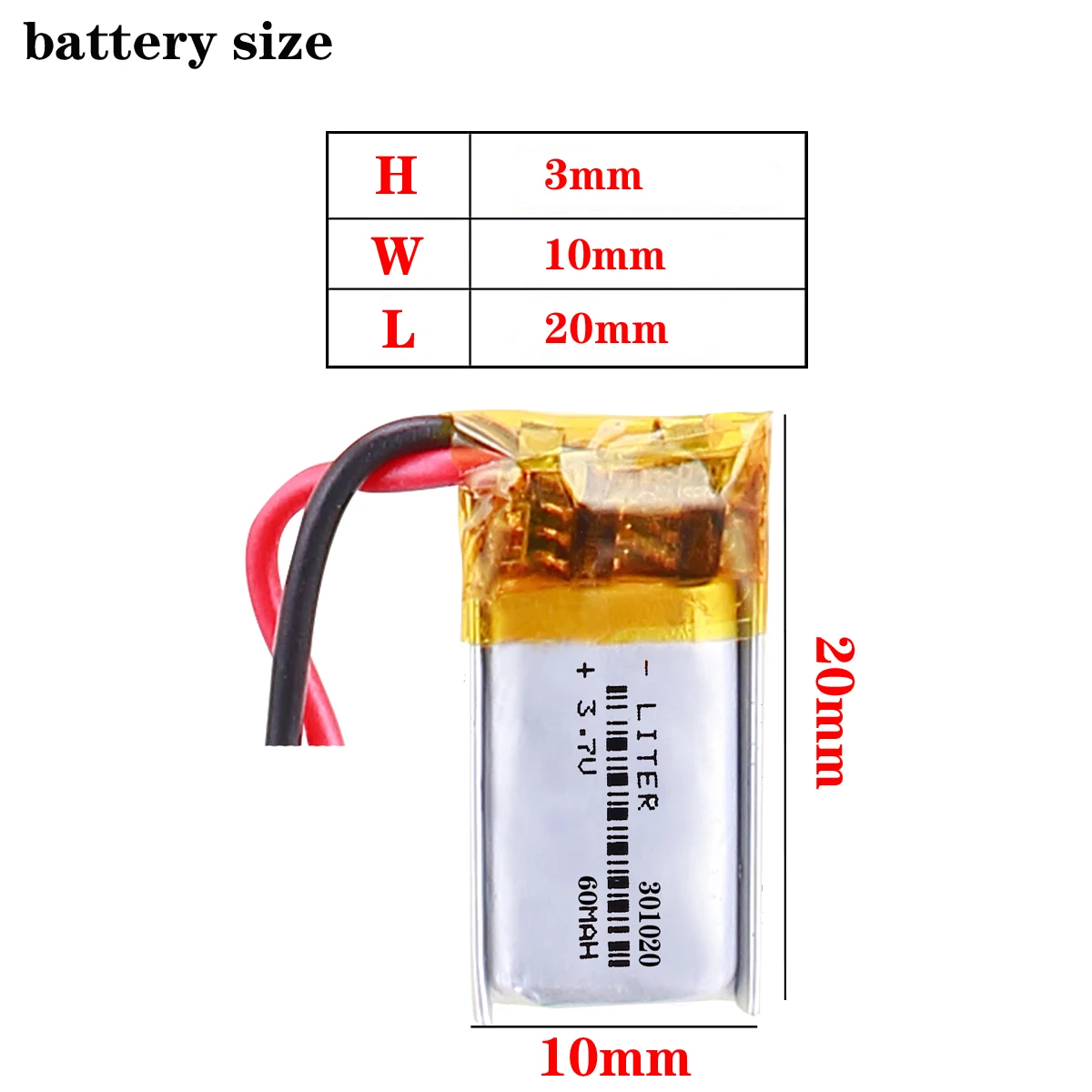 LiPo Akku 301020, 3,7V, 60mAh, 1S, Mit Schutzplatine – Für Elektronik, Kleingeräte, NICHT Für Funksteuerung, 20x10x3 Mm