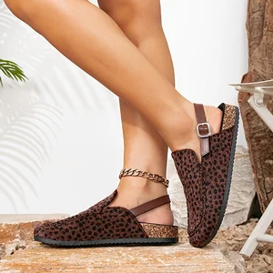 Unisex Casual Clog slippers Sexy Leopard Print Suede Women's Sandals Cork Clogs Flat Sandals