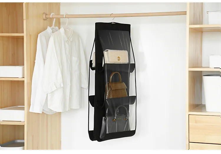 Hanging Handbag Organizer Dust-Proof Storage Holder Bag Wardrobe Closet for Purse Clutch with 6 Larger Pockets Black