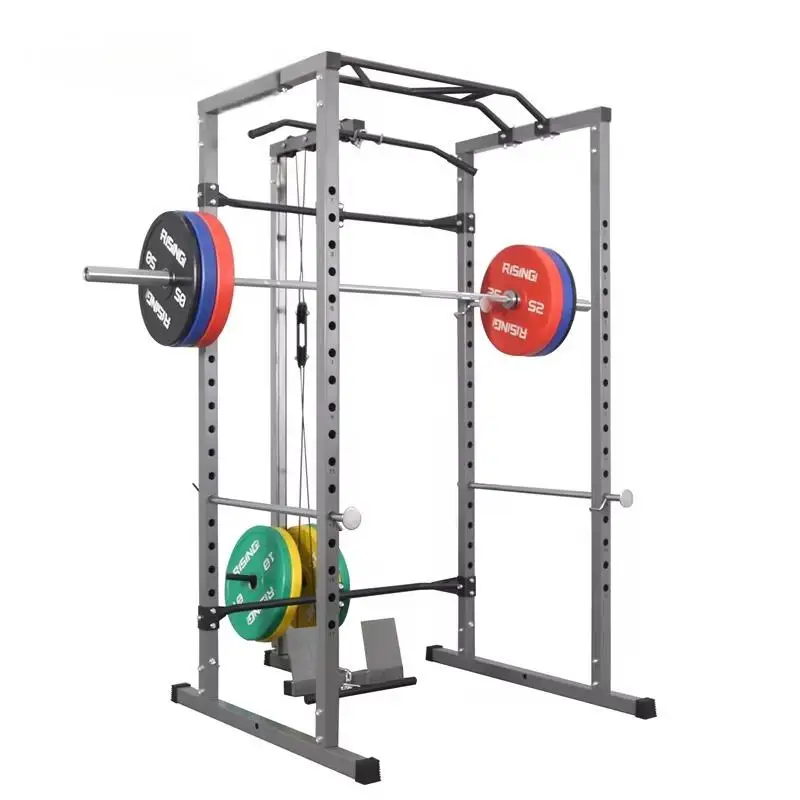 Rising Fitness Power Rack Combo Steel Squat Rack Power Cage Smith Machine with Lat Pulldown Attachment for Training