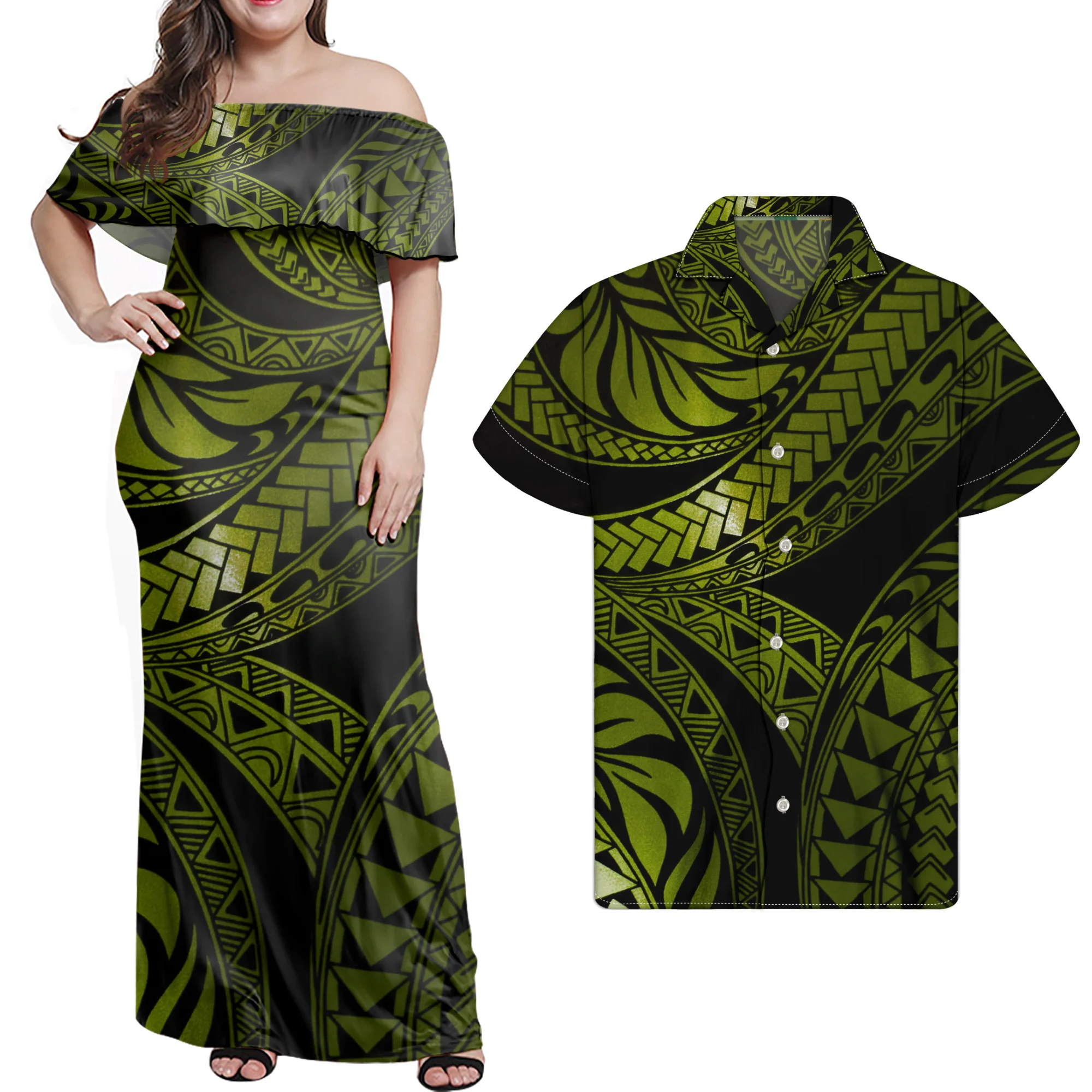 Vintage Polynesian Samoa Tribal Print Custom Oversized Couple Outfits Women Sexy Off Shoulder Dresses with Men Shirts Outdoor