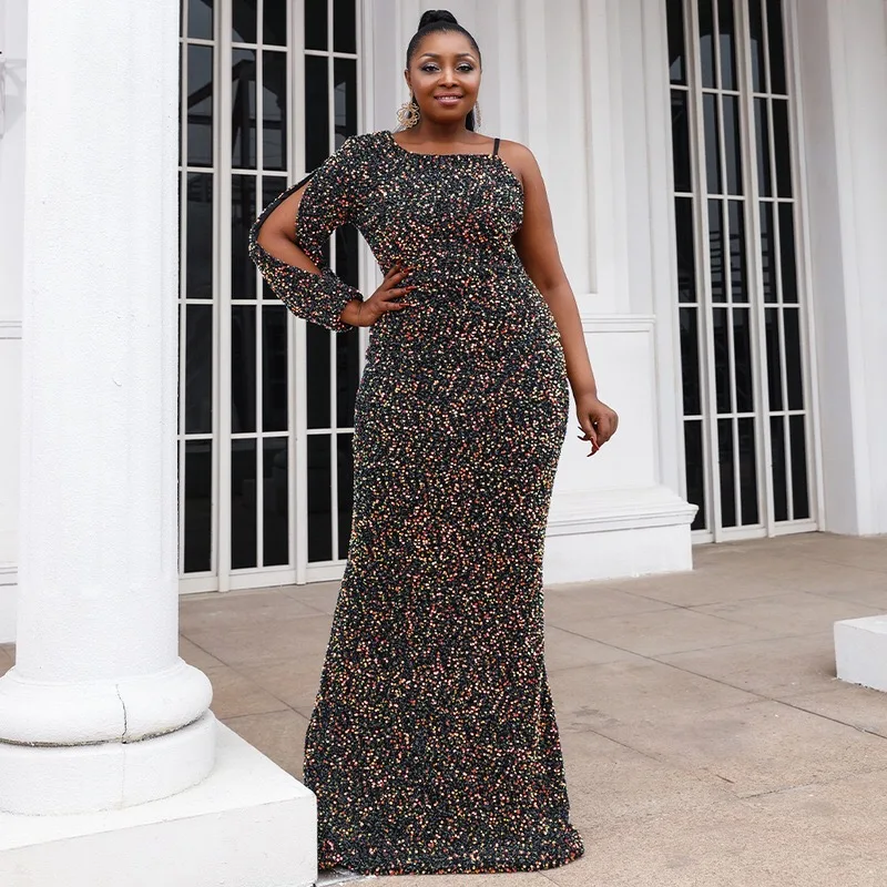 Hot Selling Polyester Spandex Woven One-shoulder Straight Dresses Plus Size Beaded Sequined Women Evening Dress Hot Selling Polyester Spandex Woven One-shoulder Straight Dresses Plus Size Beaded Sequined Women Evening Dress