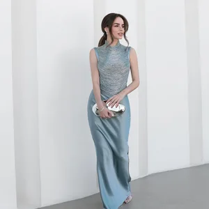 Bettergirl Best Selling 2026 Summer Fashion Luxury Blue Elegant Women Dress Sleeveless High Neck Taseels Tops Satin Long Skirt