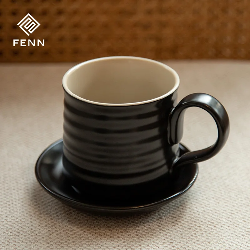 FENN Custom Logo 280ml Minimalist Matte Black Porcelain Coffee Teacup and Saucer Set Wholesale Ceramic Coffee Mug for Gifts