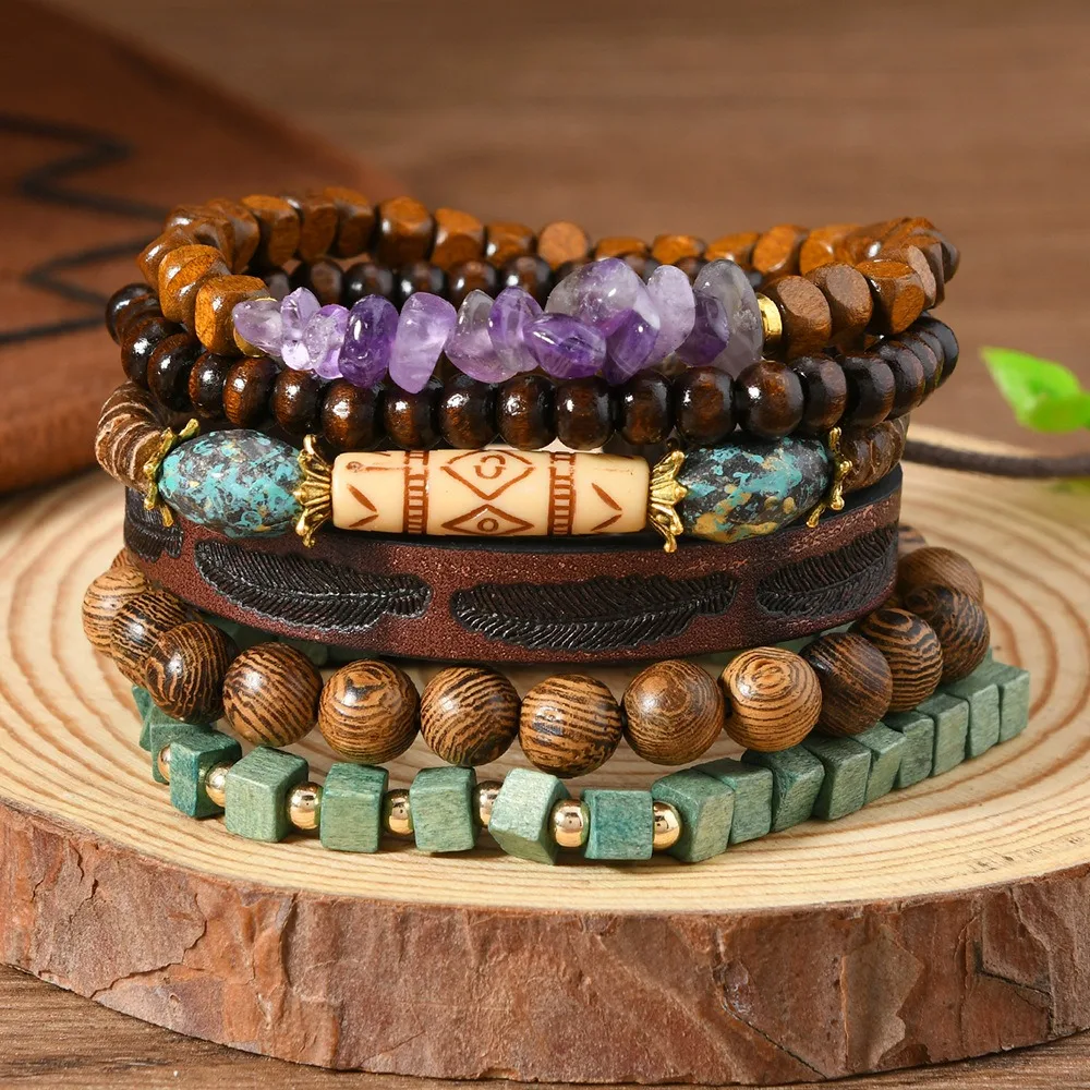 Wholesale Factory Boho Ethnic Style Amethyst Turquoise Stone Wood