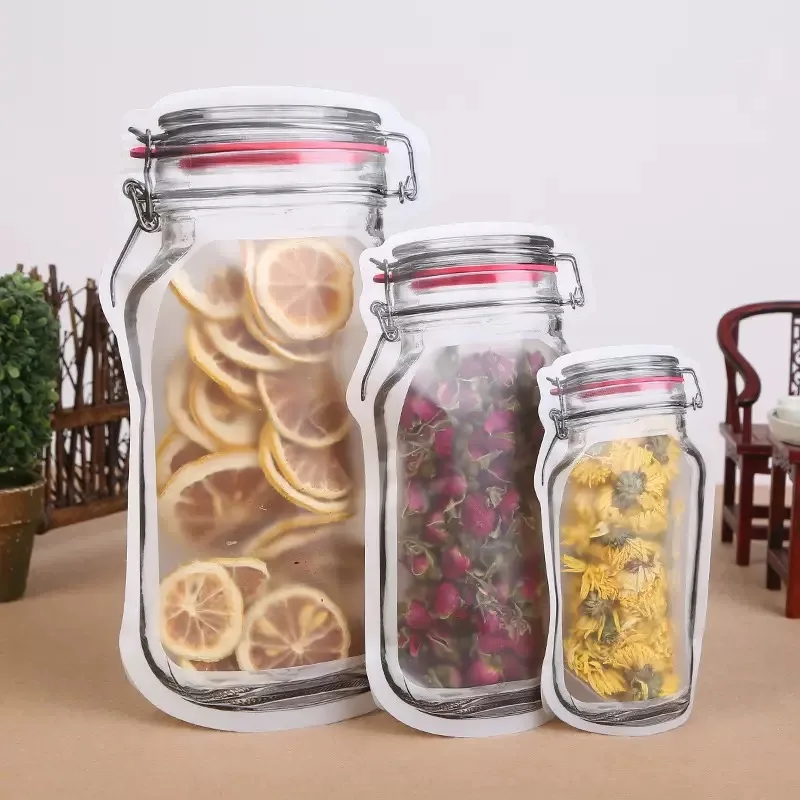 Reusable Mason Jar Ziplock Bags Portable Bottle Shape Smell Proof Stand up Zipper Bag Plastic Ziplock Pouch With Matte Window