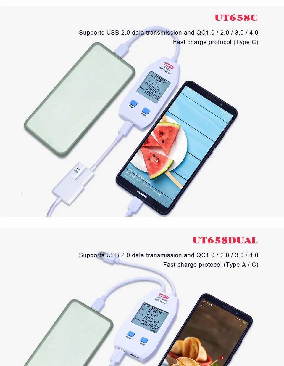 UNI-T UT658 Dual USB Tester Charger for Mobile Phones Type A/C Interface 6-24V DC Voltage Range Fast Charge Phone Fixing TOOLS