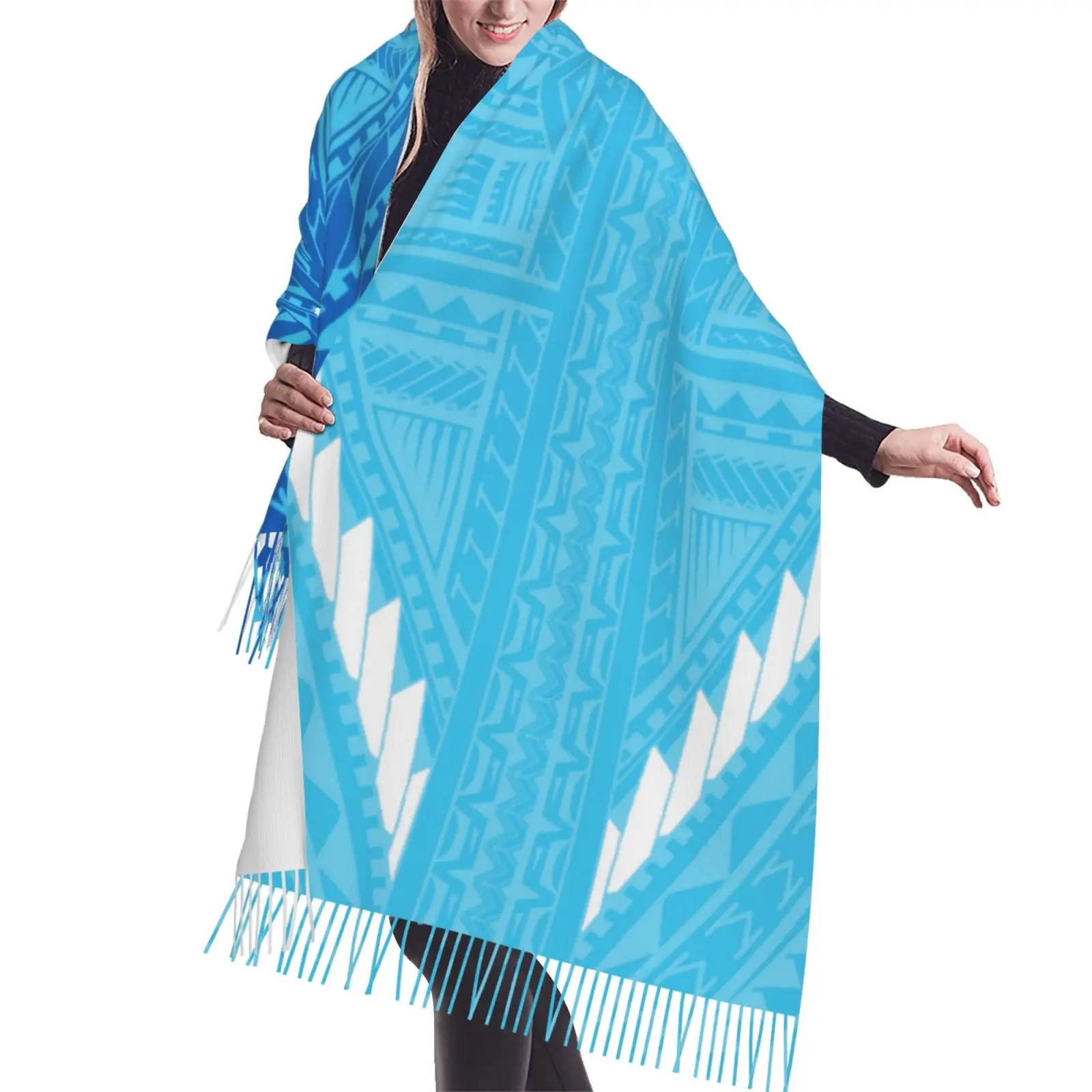 High Quality Customized Warm Winter Pashmina Shawl Scarf With Tassel Blue Polynesian Samoa Tribal Design Poncho Shawl Scarf_voghion.com