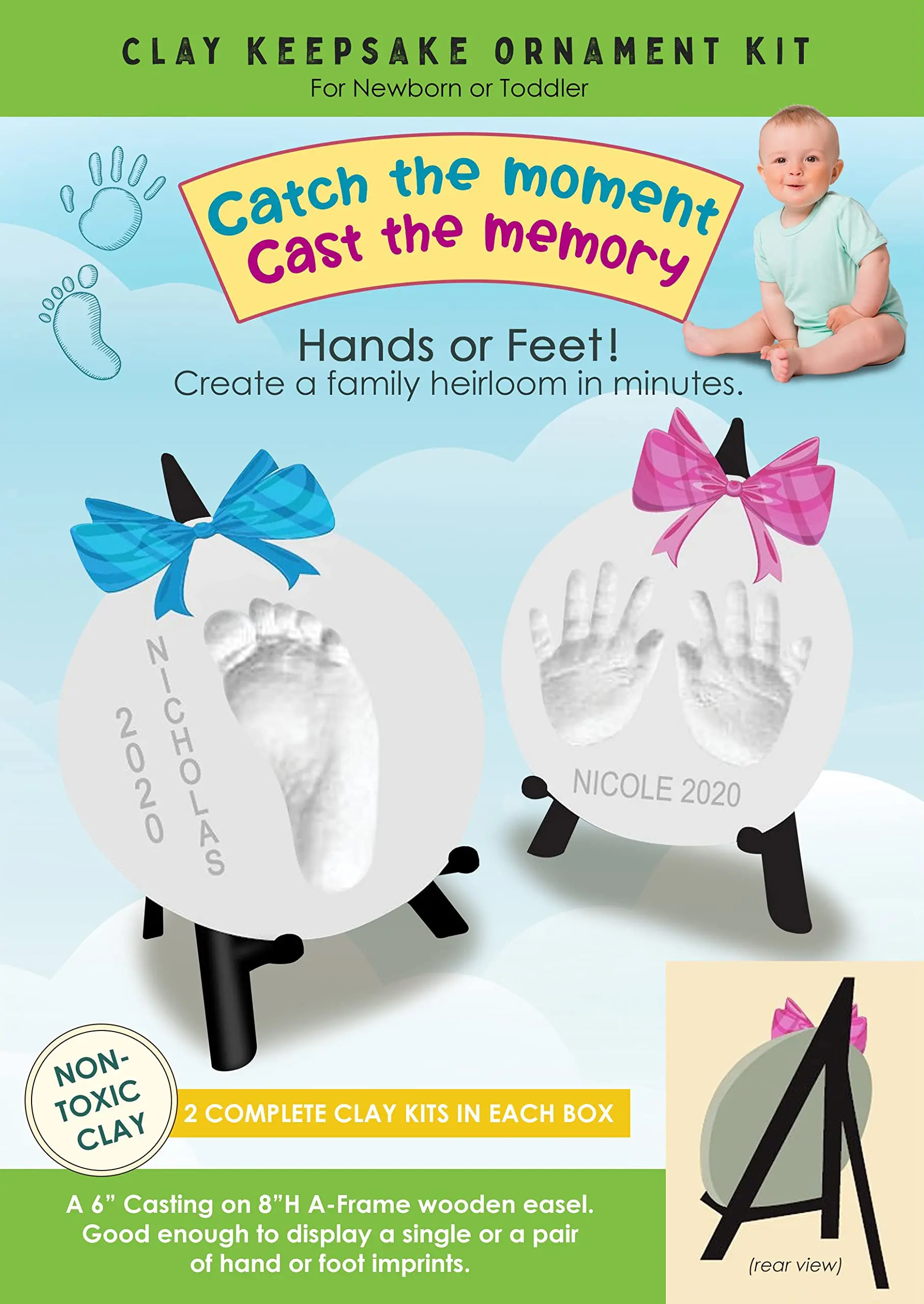Baby Keepsake Clay Casting Handprint Ornament Kit/Baby Foot Printing Kit 2 XL Clay Bags, 2 Wood Easels, Ribbons, Letters - Baby Safe Baby Shower Registry Gift Baby Footprint Kit & Handprint Kit 