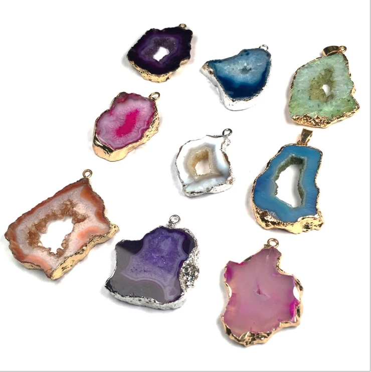 Natural Charm Healing Energy Irregular Raw Agates Druzy Stones Aura Agates Slice Pendants