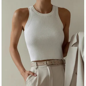 Women's Midriff-Baring Tank Top Camisole Solid Neck Ribbed Basic Elastic Casual Style Summer Knitted Fabric ONeck Solid Tank Top