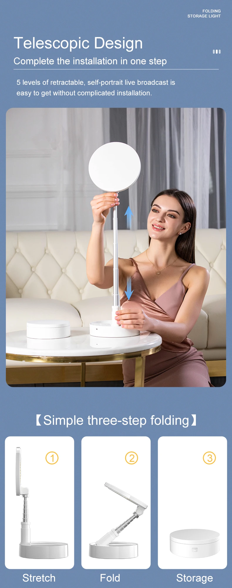 Live Video Recording LED Ring Light Adjustable Phone Stand Selfie Fill Light Foldable Desktop Lamps 3600mAh Battery