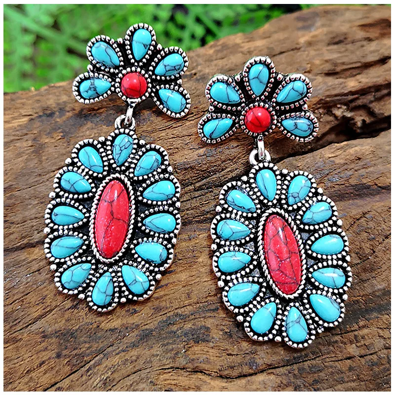 Vintage cheapest Flowers and Red Turquoise Earrings