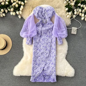 High End Light Luxury Vintage Casual Breathable Eco-Friendly Washable Midi Woven Strapless Lantern Sleeve Dress with Belt