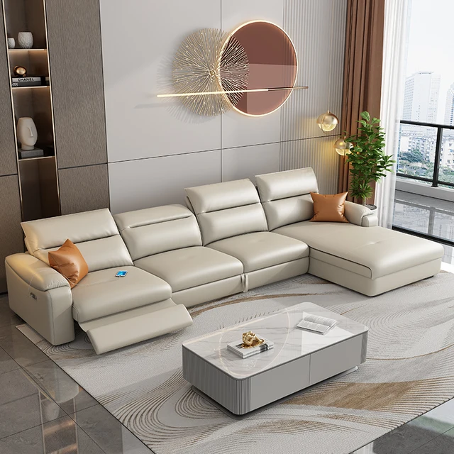 kangmengsi Modern Style Luxury Genuine Leather Functional Electric Recliner Sofa Bed L Shape Sectional Living Room Sofas