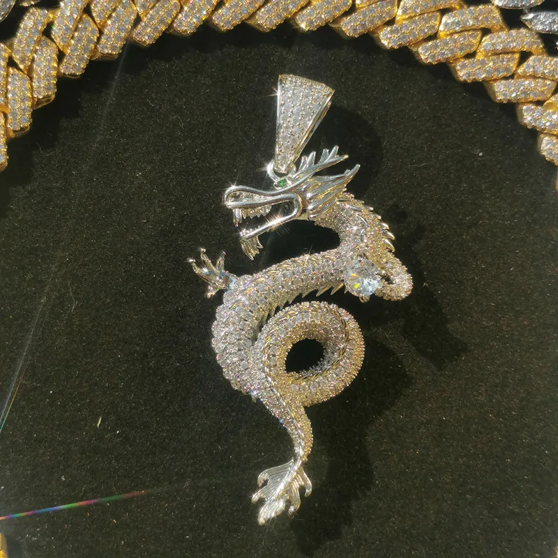 Lucky Symbol Hip Hop Micro Paved CZ Stone Bling Iced Out Oriental Dragon Shenlong Pendants Necklaces for Men Rapper Jewelry