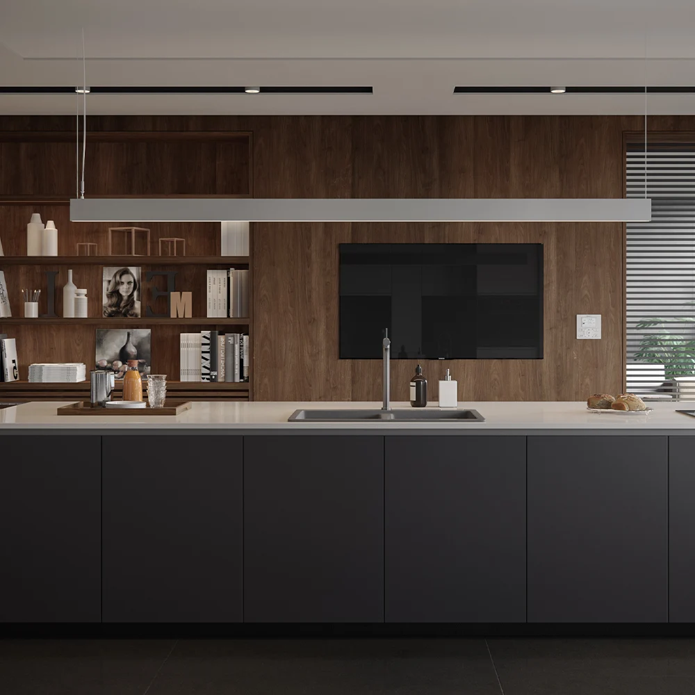 Modern White Modular High Gloss Kitchen Cabinets With Round Design Island