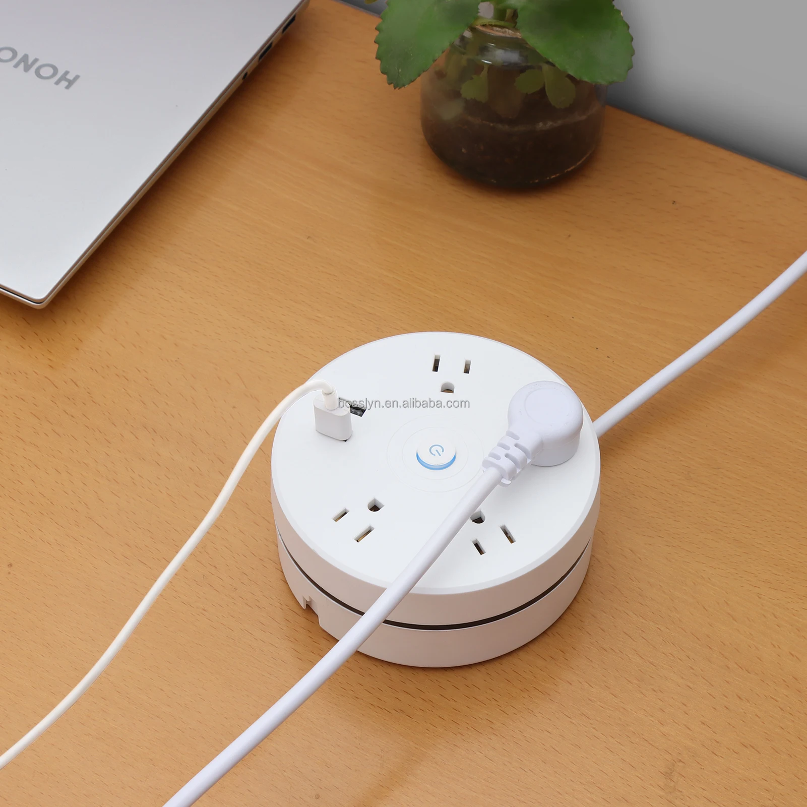 US Round Wall Charger 4 AC Outlets with 2 USB and Switch Wire Length 1.8 Meters Wall Socket Extender with USB DC 5V 2.0A Output