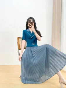 2026 Two-color Elegant Miyake Pleated Dress with Collar and Short Sleeves for Summer