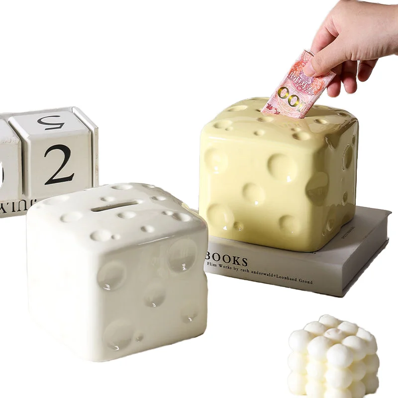 Cheese-Shaped Square Ceramic Money Coin Savings Box Piggy Bank