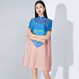 Miyake Summer Casual Dress for Ladies Pleated Mid Pleated Midi Dress With Short Sleeves and Printed Lapel Fabric Weaving