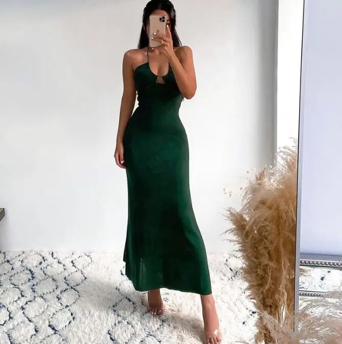 WOMEN Elegant Wedding Guest Dress Hollow Out Solid Color Sleeveless Sexy  Halter Maxi Party Evening Dresses