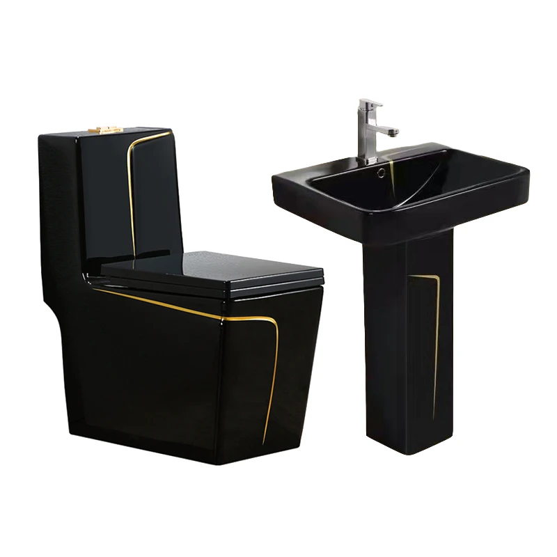 Sanitary ware suit bathroom commode wc and pedestal basin luxury ceramic black color toilet set one piece toilet bowl