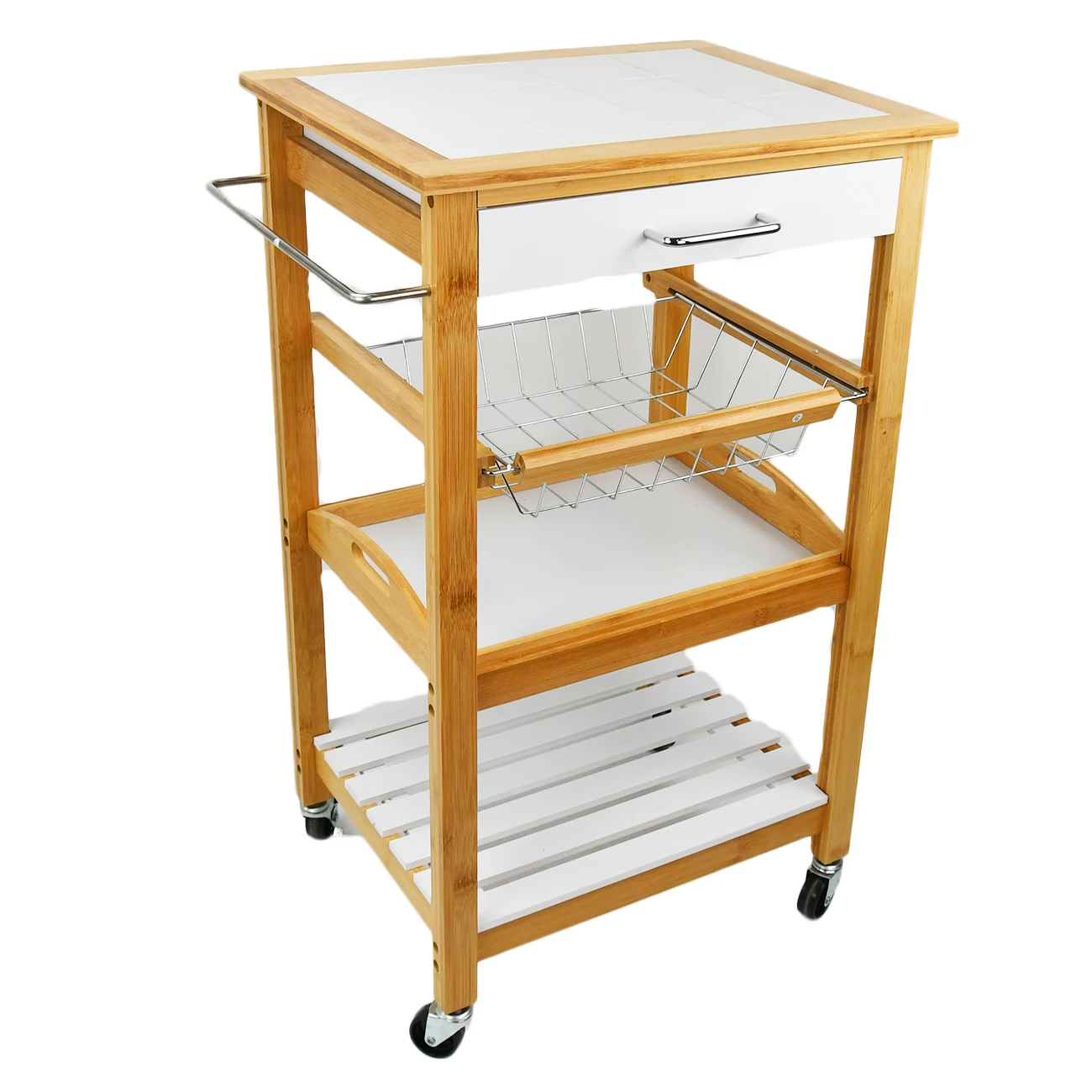 Bamboo Rolling 3 tiers shelf Kitchen Trolley Cart with Wire Storage Baskets Drawer