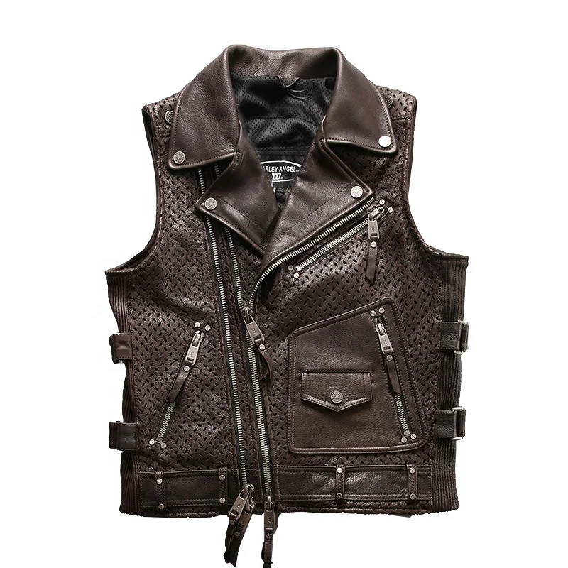 Spring Summer Latest Designs Real Leather Mesh Short Vest Men's Motorcycle  Club Lapel Fashion Waistcoat Sleeveless Jacket