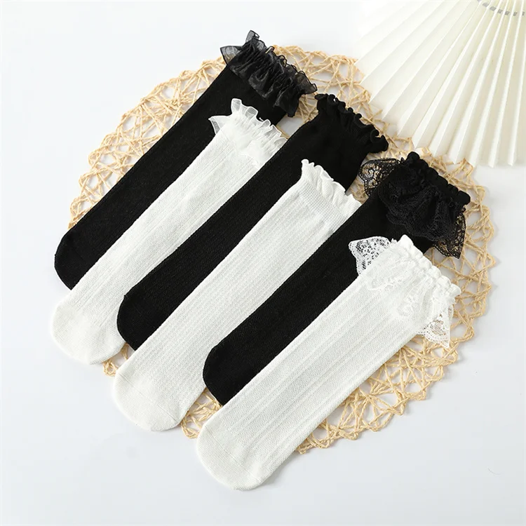 Wholesale Breathable Spring and Autumn Beauty Lace Cotton Socks Kids Pure White Black Girl Sock Cute Princess Baby Socks