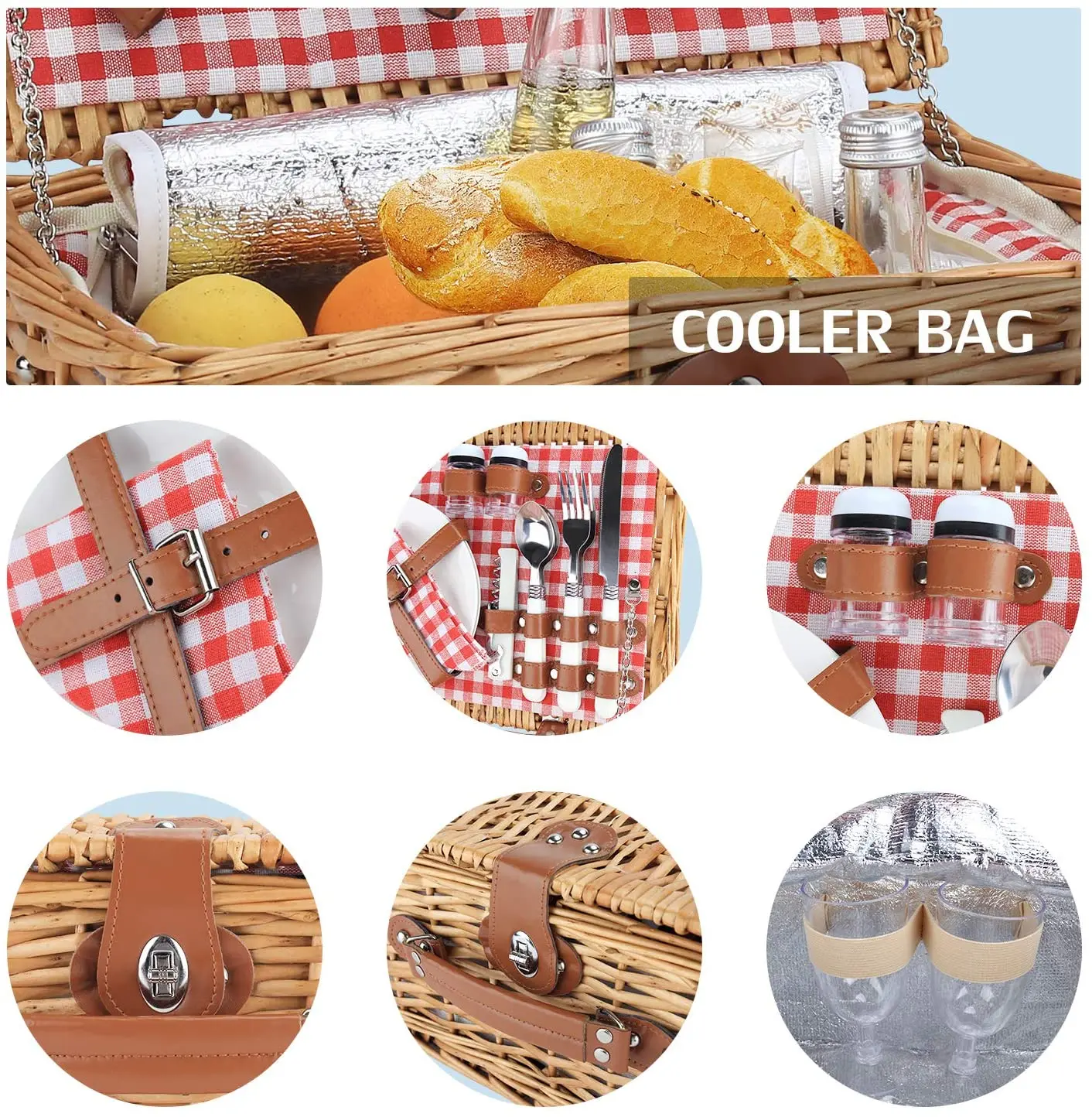 Kingwillow Sturdy Willow Wholesale Wicker pink Rattan Kid Picnic Basket Hamper Set 4 Person Outdoor Wicker Picnic Lunch with Lid