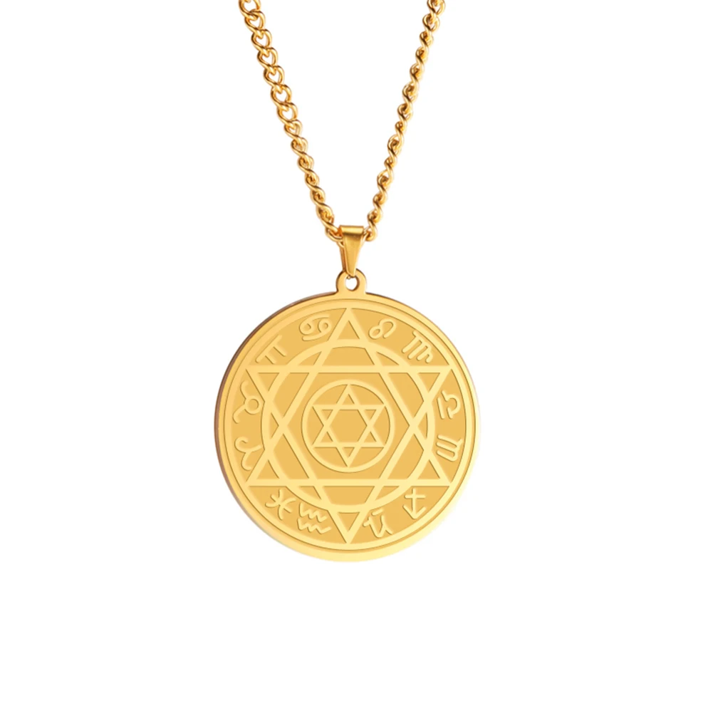 Talisman Seal Solomon Six-Pointed Star Pendants Necklace 12 Zodiac Sign  Hexagram Stainless Steel Men Amulet Necklace
