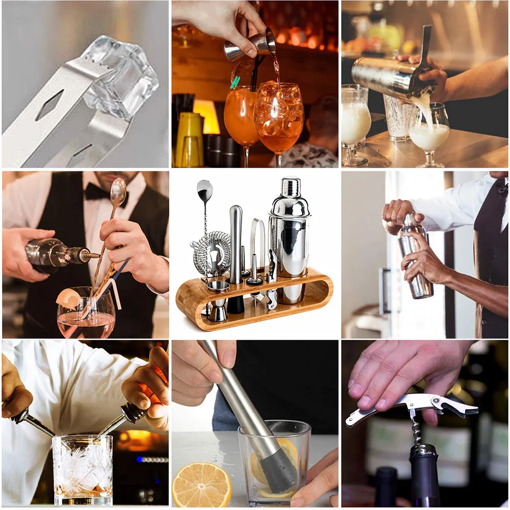 Qzq Professional Barware Tools Wooden Stand Travel Gift Stainless Steel