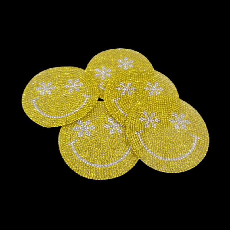 Free sample factory wholesale iron on smiley face crystal products tshirt appliques