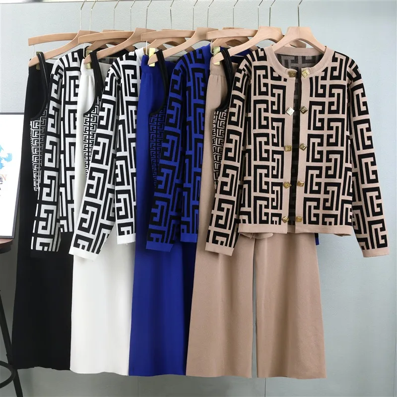 B4903  Autumn Basics 3-Piece Set Resort Wear Women Formal Top Knitted Cooperate Wears for Ladies Elegant