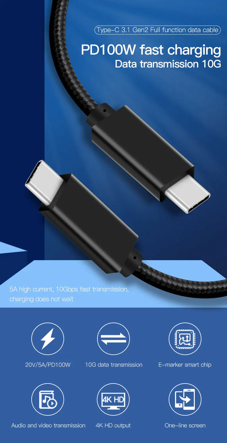 
 Pd 100 Вт Быстрая зарядка 10 Гбит/с 4K 60 Гц аудио видео Usb 3,2/Usb3.1 Gen2 Usbc к Usb c кабелю для ноутбука Mac  