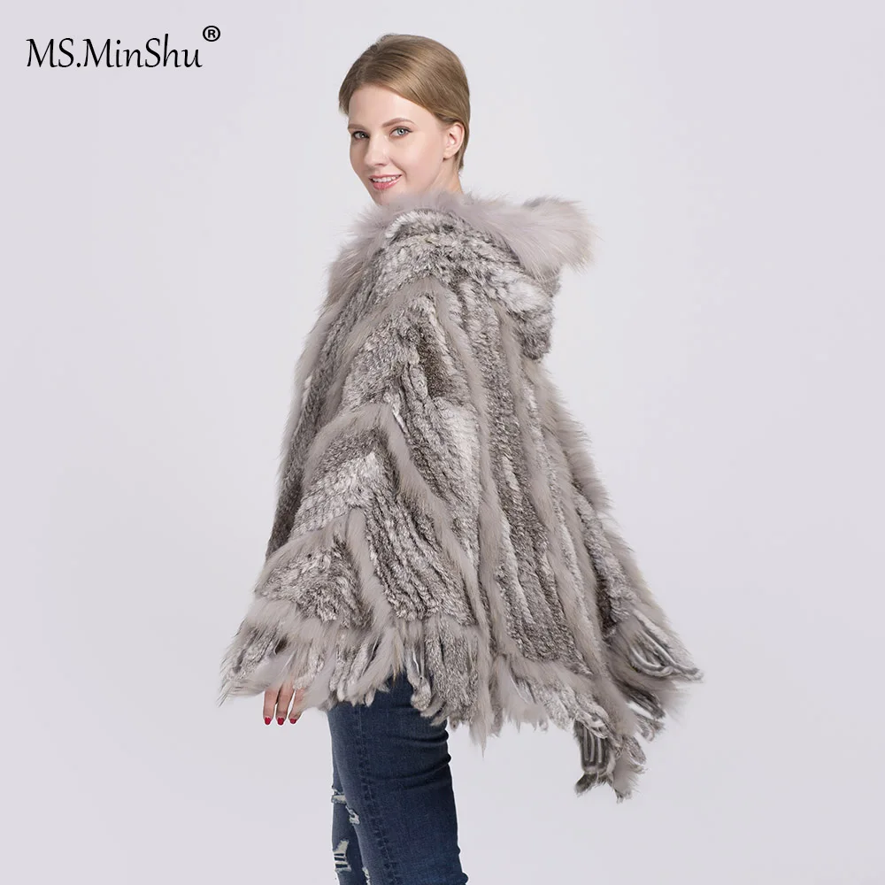 Poncho Tricoté En Fourrure De Lapin Naturelle, Brun, Taille Unique