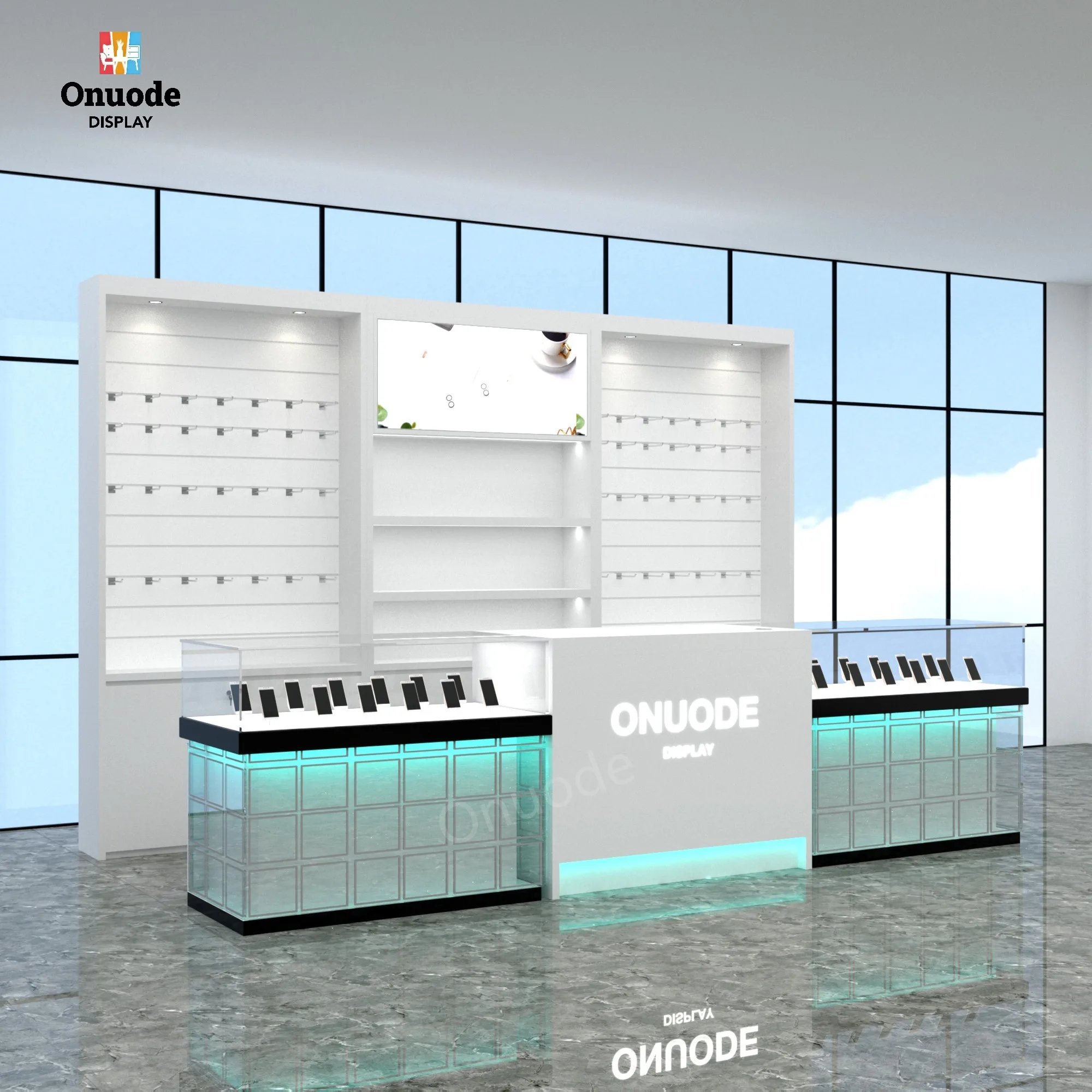 Store Front Counter Kiosk with LED Light Front Shelf Design for Cell Phone Display Showcase